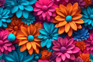 Fototapeta na wymiar Beautiful 3D colorful flowers, fuchsia teal orange flowers color. AI generative