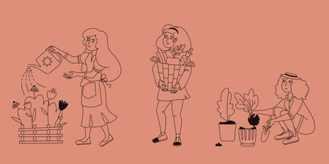 Set of different women growing plants. Female persons in outline style.