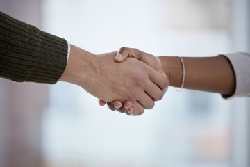 Welcome, handshake and zoom on hands for thank you in office with businessman and woman. Agreement offer, onboarding deal or partnership in business, HR and hiring contract with closeup of hand shake