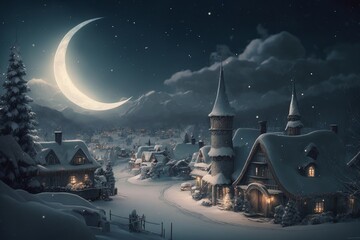 Little Christmas Town, Covered in Snow, Crescent Moon in the Sky, Generative ai