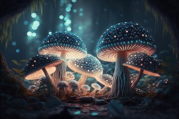 giant mushrooms in deep misty fairy forest with magic lights, Generative ai