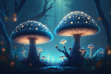 giant mushrooms in deep misty fairy forest with magic lights, Generative ai