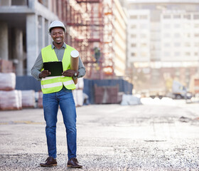Portrait of black man engineer, tablet and construction site with mockup space in city, planning...