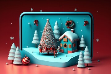 Creative Christmas scene on smartphone with blue background, Generative ai