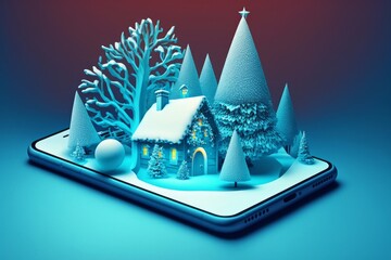 Creative Christmas scene on smartphone with blue background, Generative ai