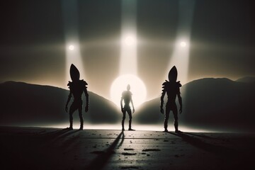 Spooky silhouettes of aliens and bright light in background, Generative ai