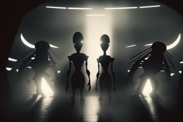 Spooky silhouettes of aliens and bright light in background, Generative ai
