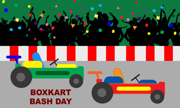BoxKart car race for children, enlivened by families and bold text commemorating BOXKART BASH DAY
