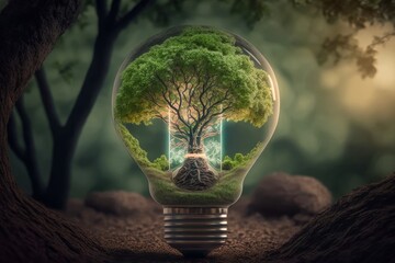 Light bulb with green tree inside. Electricity and energy saving concept. Sustainable development, ecology and environment protect, Generative ai