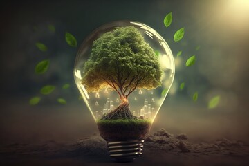 Light bulb with green tree inside. Electricity and energy saving concept. Sustainable development, ecology and environment protect, Generative ai