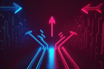 abstract panoramic red blue pink neon background with arrows showing right direction, glowing in the dark, Generative ai