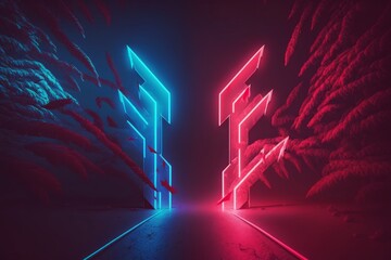 abstract panoramic red blue pink neon background with arrows showing right direction, glowing in the dark, Generative ai