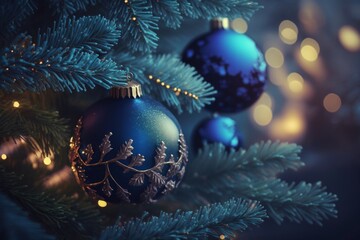 Christmas Tree With Baubles In Blue Night - Ornaments On Fir Branches With Glittering And Defocused Lights In Abstract Background, Generative ai