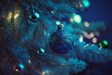 Christmas Tree With Baubles In Blue Night - Ornaments On Fir Branches With Glittering And Defocused Lights In Abstract Background, Generative ai