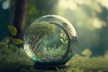 World environment and earth day concept with glass globe and eco friendly enviroment, Generative ai