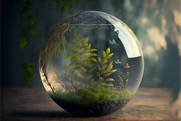 World environment and earth day concept with glass globe and eco friendly enviroment, Generative ai