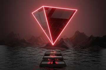 3d Render, Scifi Landscape Futuristic night post apocalyptic scenario with abstract alien landscape...