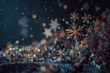 Christmas background with glitter snowflakes, bokeh and magic lihgt, navy winter backdrop, Generative ai