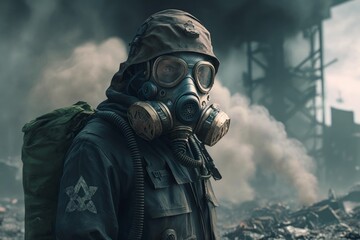 a man in a gas mask, power-plant shrouded in smoke, in a dangerous radioactive zone, Generative ai