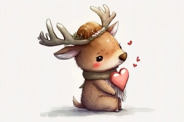 cute reindeer with santa hat, carry the heart, Generative ai
