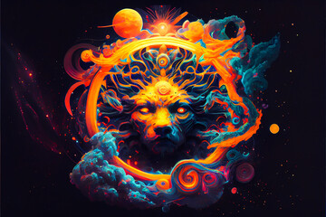 Vibrant color lion illustration. Generative ai.