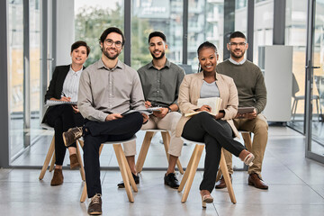 Presentation, listening or happy business people learning in meeting for coaching education in...