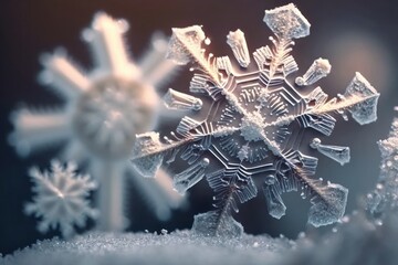 Macro image of snowflakes, winter holiday background, Generative ai