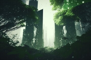 double exposure of lush green forest and modern skyscrapers, Generative ai