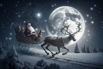 Santa Claus in his Sleigh scene reindeers magic fairy dust moon scene, Generative ai