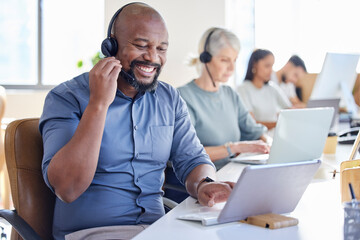 Black man, laptop and call center agent smile or sales consultant or customer service worker for...