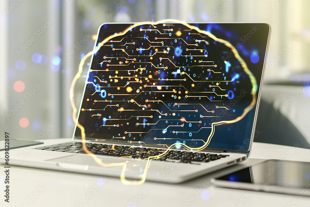 Poster double exposure of creative human brain microcircuit with computer on background. future technology 