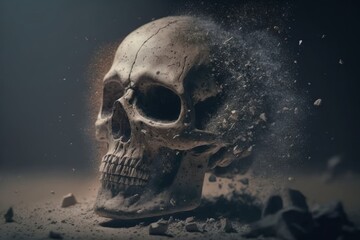 old skull turning in dust particles, Generative ai