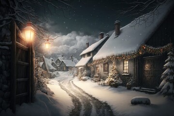 old village, covered with snow, decorated for the christmas holiday, Generative ai