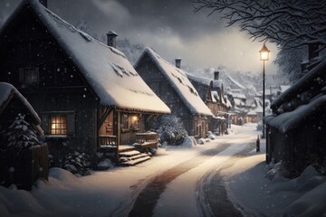 old village, covered with snow, decorated for the christmas holiday, Generative ai
