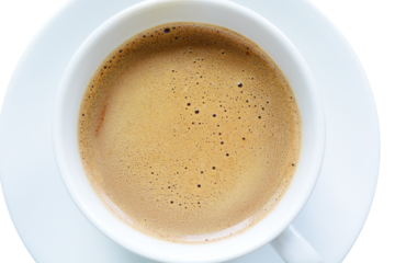 Coffee bubbles in white coffee mug close-up, top view, isolated PNG transparent