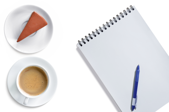 Cup of coffee  cake on a plate  notebook in top view PNG transparent