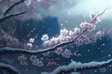 This beautiful branch, mild fairy mist, pale blue plum blossom, Generative ai