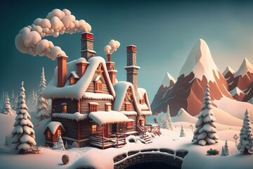 Christmas paradise with snow happy children santa claus, reindeers and slain, smoke chimney roof houses, Generative ai