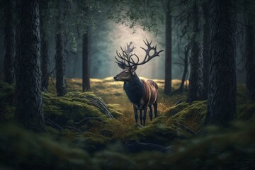 a reindeer in a lush forest at dusk, the trees have moss on the bark, Generative ai