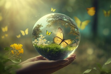 Earth crystal glass globe ball and growing tree in human hand, flying yellow butterfly on green sunny background, Generative ai