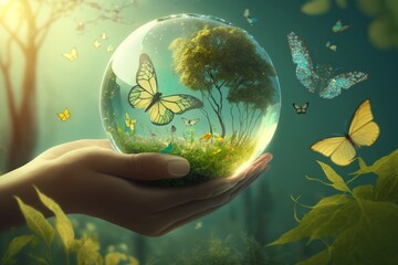 Earth crystal glass globe ball and growing tree in human hand, flying yellow butterfly on green sunny background, Generative ai