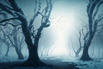 frozen trees in fog, horror halloween background, Generative ai