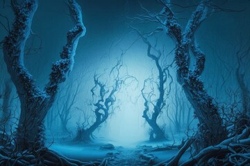 frozen trees in fog, horror halloween background, Generative ai