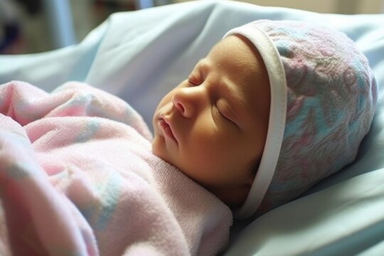 Newborn baby, just born, peacefully sleeping in their mother's arms, wrapped in a cozy hospital blanket. Generative AI