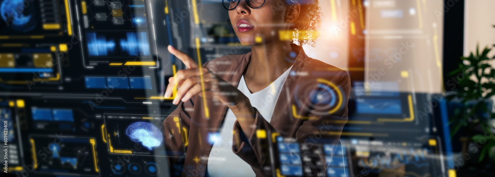 Poster Black woman working in office and futuristic graphical user interface concept. ICT (Information Communication Technology). System engineering.