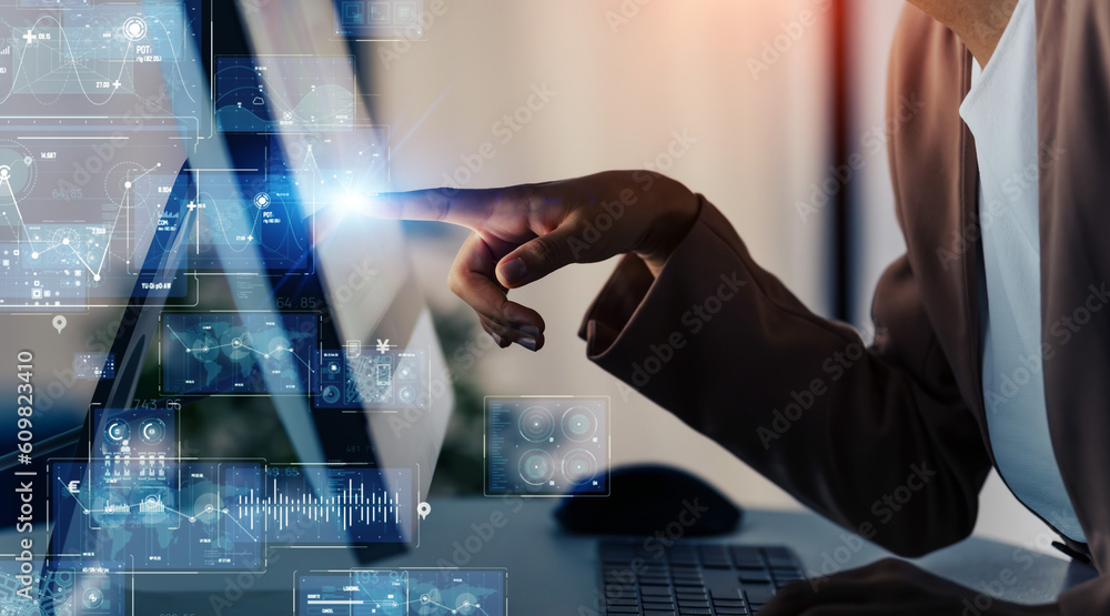 Poster Black woman working in office and digital technology concept. ICT (Information Communication Technology). System engineering. GUI (Graphical User Interface).
