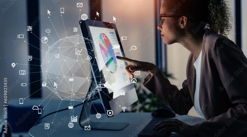 Poster Black woman working in office and communication network concept. ICT (Information Communication Technology). Cloud computing. System engineering.