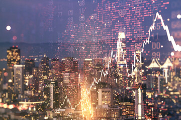 Double exposure of abstract creative financial diagram and world map on San Francisco office buildings background, banking and accounting concept