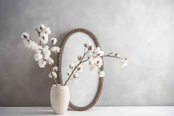 Front view product photo of white oval frame with wild Cotton branches in glass vase behind the frame. AI generative