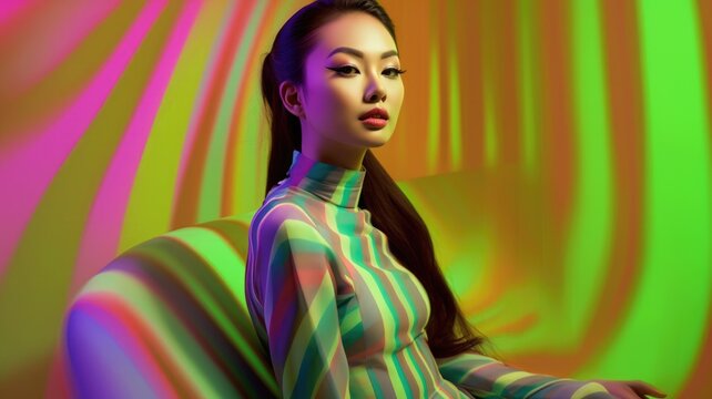 Fototapeta Young female model posing with trendy fashion outfit and colorful green optical art abstract background. Picturesque generative AI